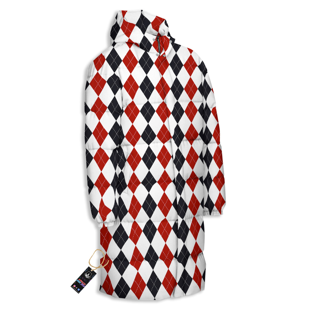 Red White And Black Argyle Print Pattern Long Down Jacket-grizzshop