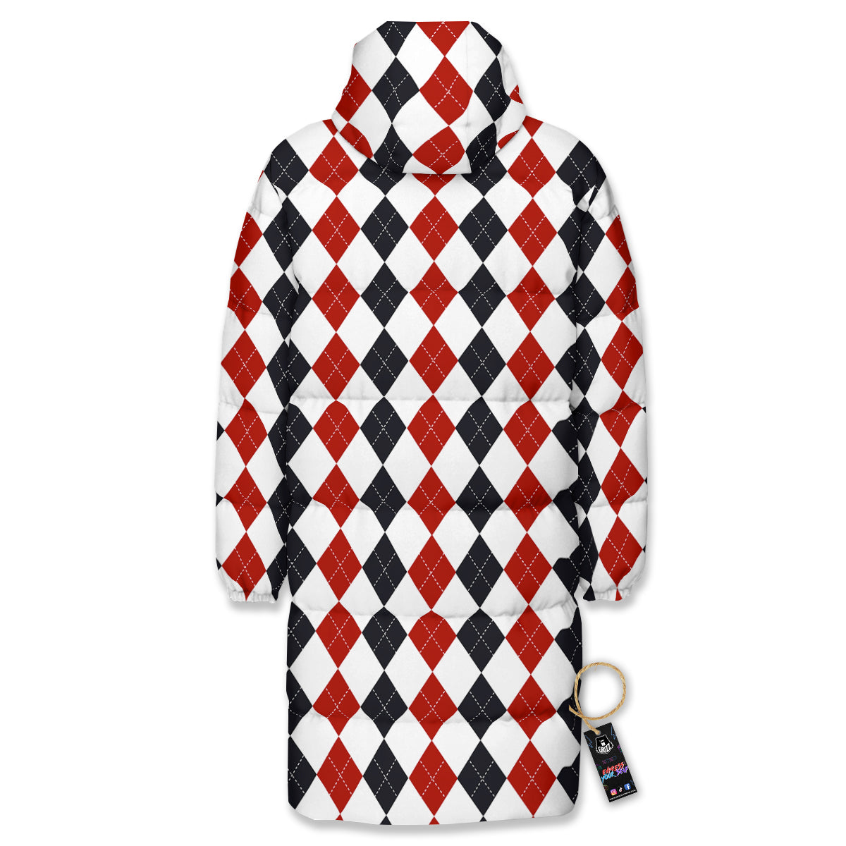 Red White And Black Argyle Print Pattern Long Down Jacket-grizzshop