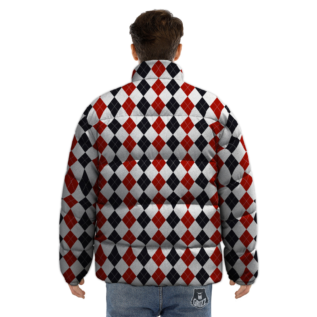Red White And Black Argyle Print Pattern Puffer Jacket-grizzshop