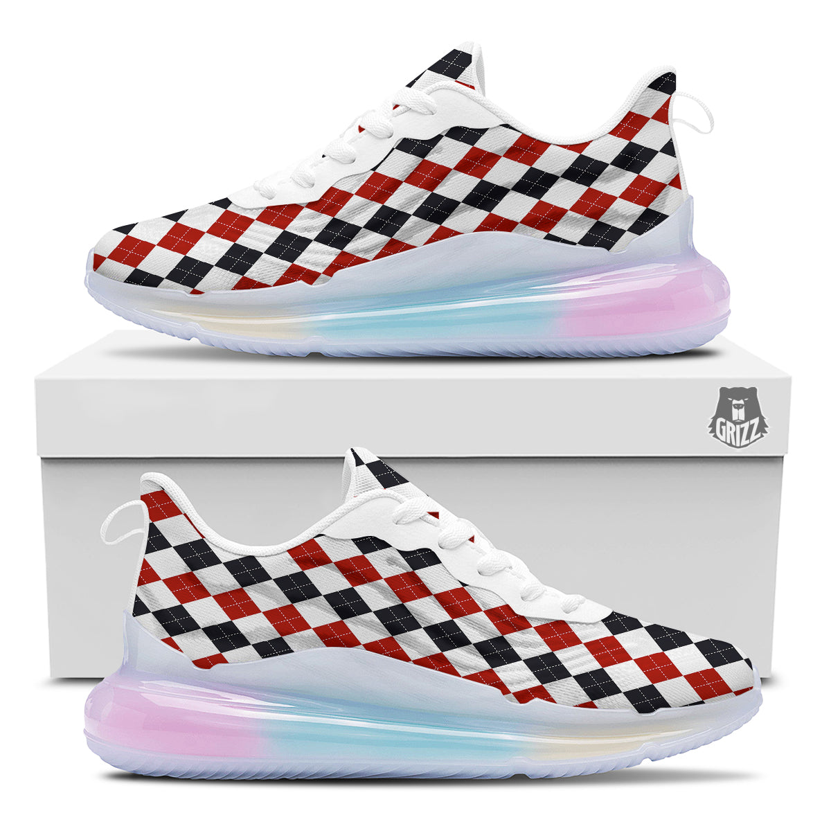 Red White And Black Argyle Print Pattern Running Sneakers-grizzshop