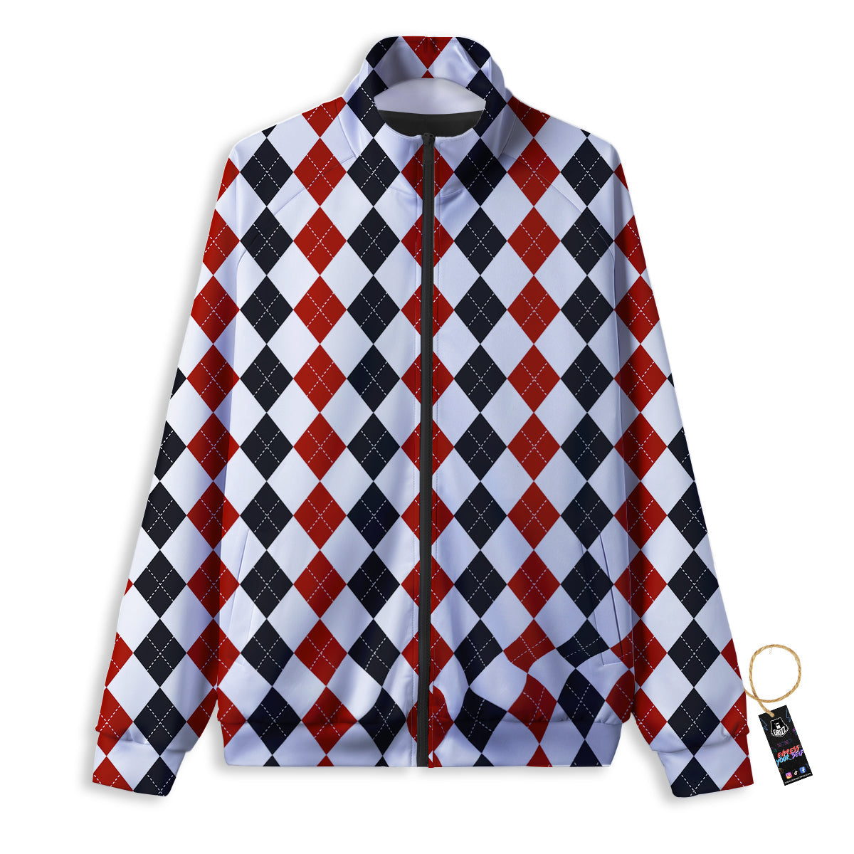 Red White And Black Argyle Print Pattern Track Jacket-grizzshop