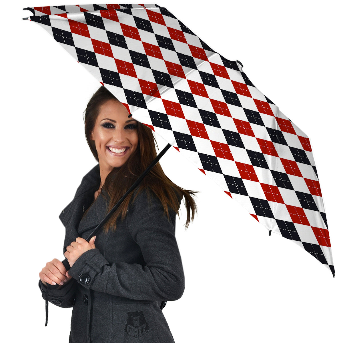 Red White And Black Argyle Print Pattern Umbrella-grizzshop