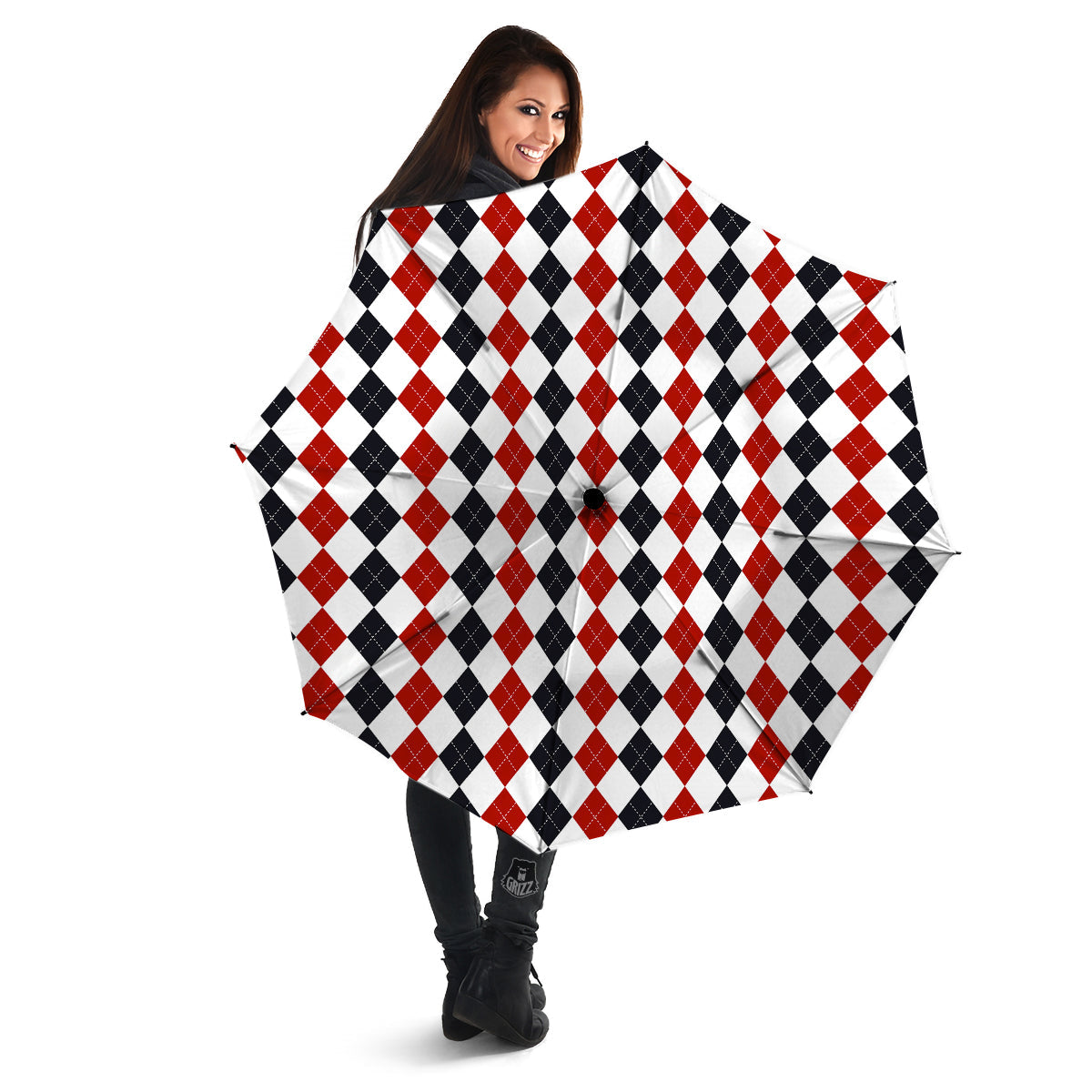 Red White And Black Argyle Print Pattern Umbrella-grizzshop