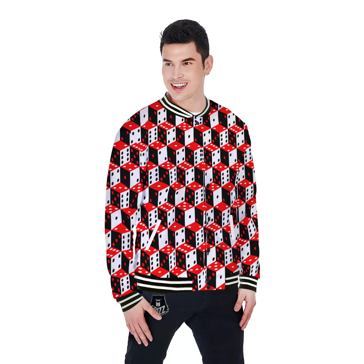 Red White And Black Dice Print Pattern Baseball Jacket-grizzshop