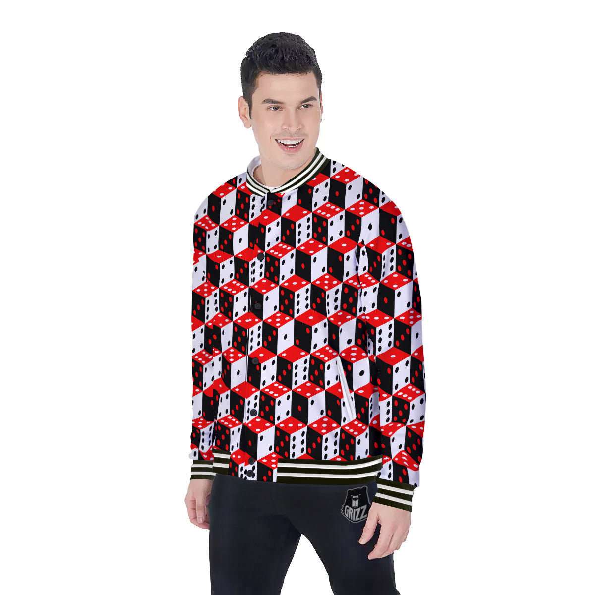 Red White And Black Dice Print Pattern Baseball Jacket-grizzshop