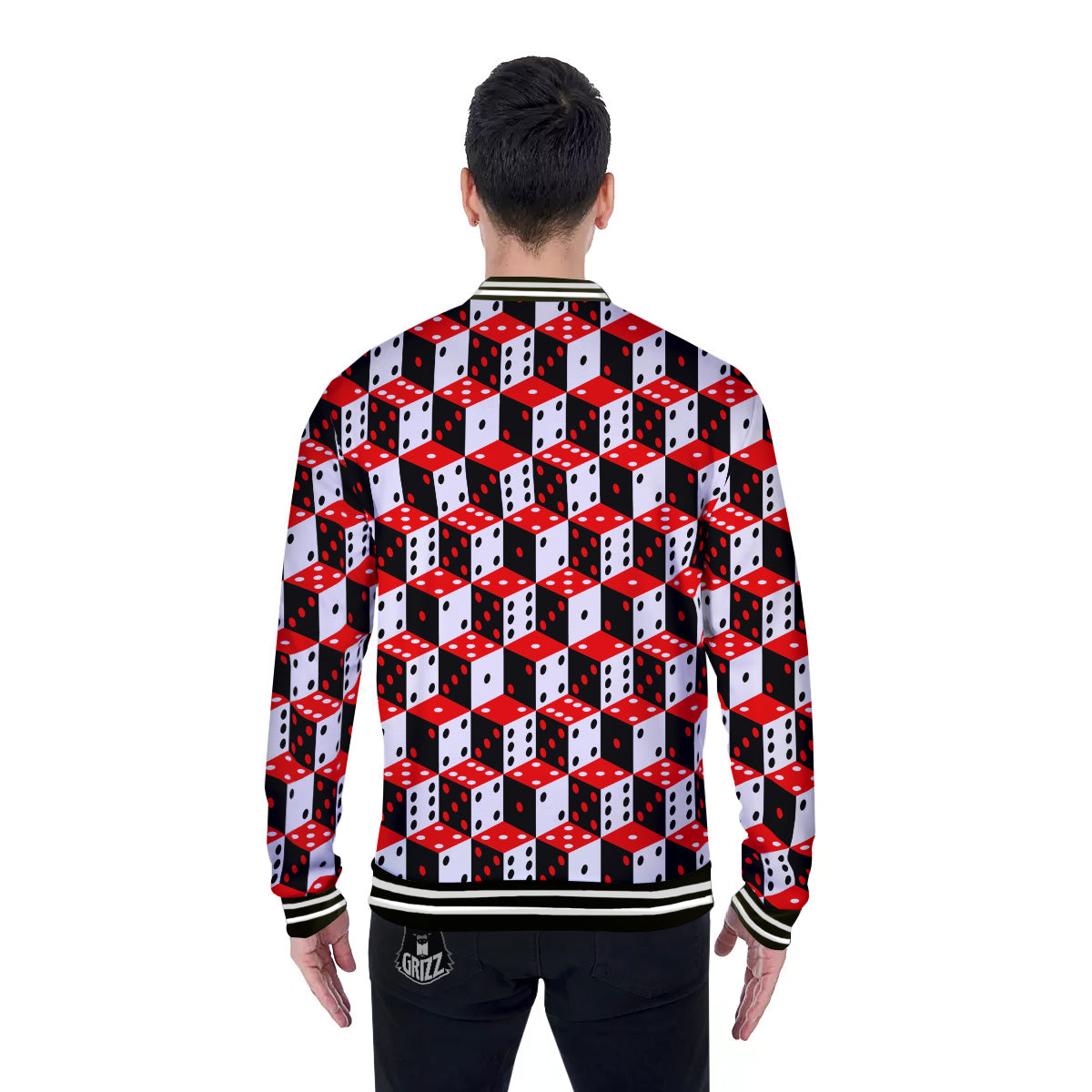 Red White And Black Dice Print Pattern Baseball Jacket-grizzshop