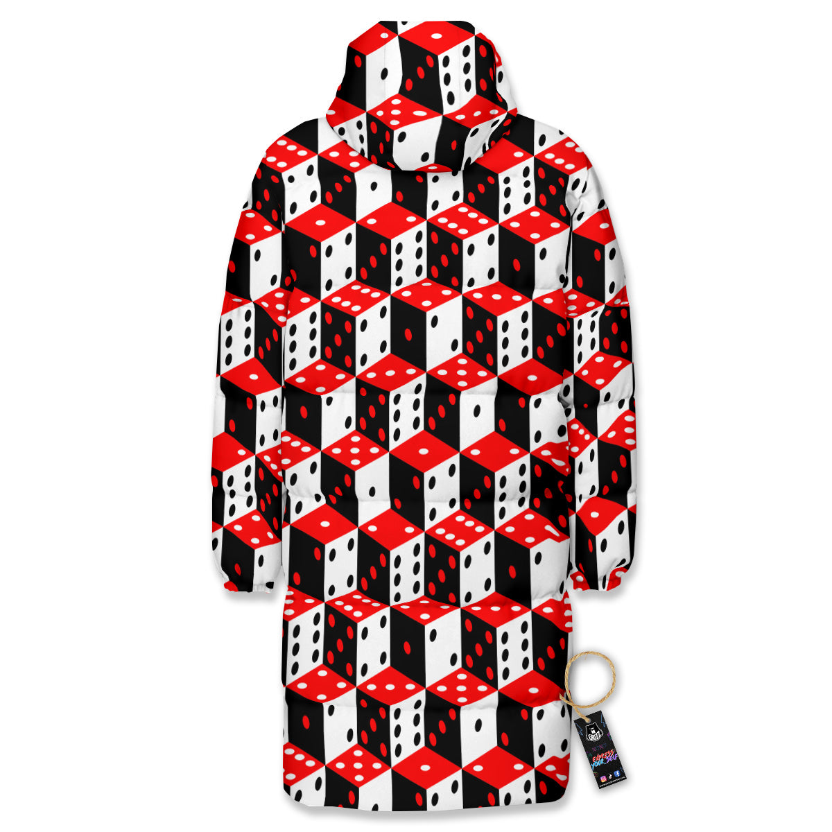 Red White And Black Dice Print Pattern Long Down Jacket-grizzshop
