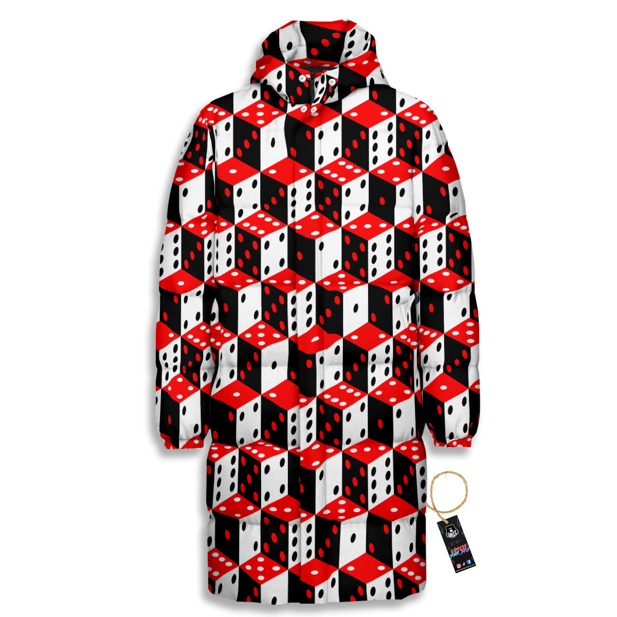Red White And Black Dice Print Pattern Long Down Jacket-grizzshop