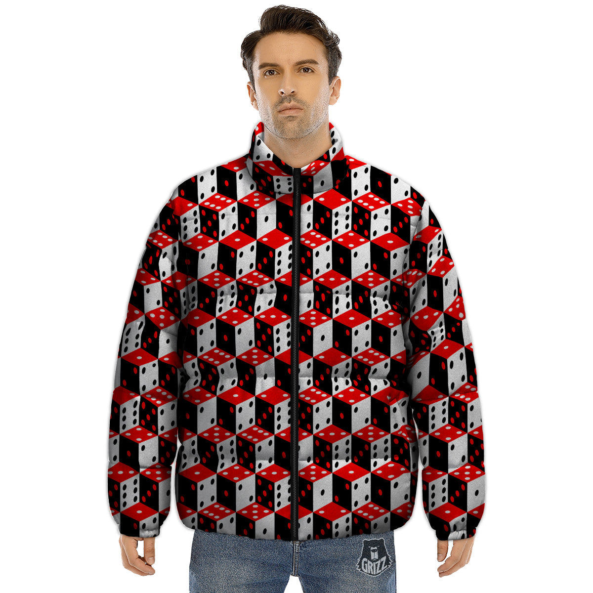 Red White And Black Dice Print Pattern Puffer Jacket-grizzshop