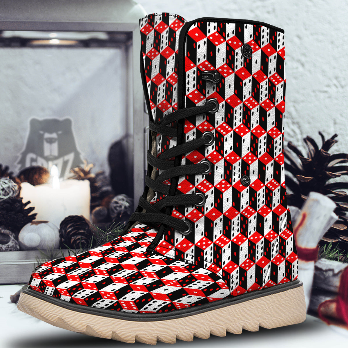 Red White And Black Dice Print Pattern Snow Boots-grizzshop
