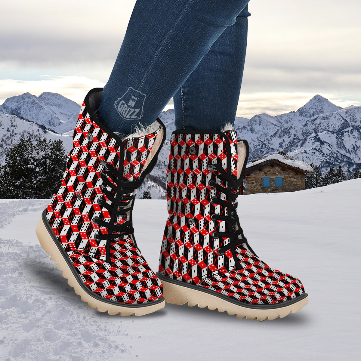 Red White And Black Dice Print Pattern Snow Boots-grizzshop