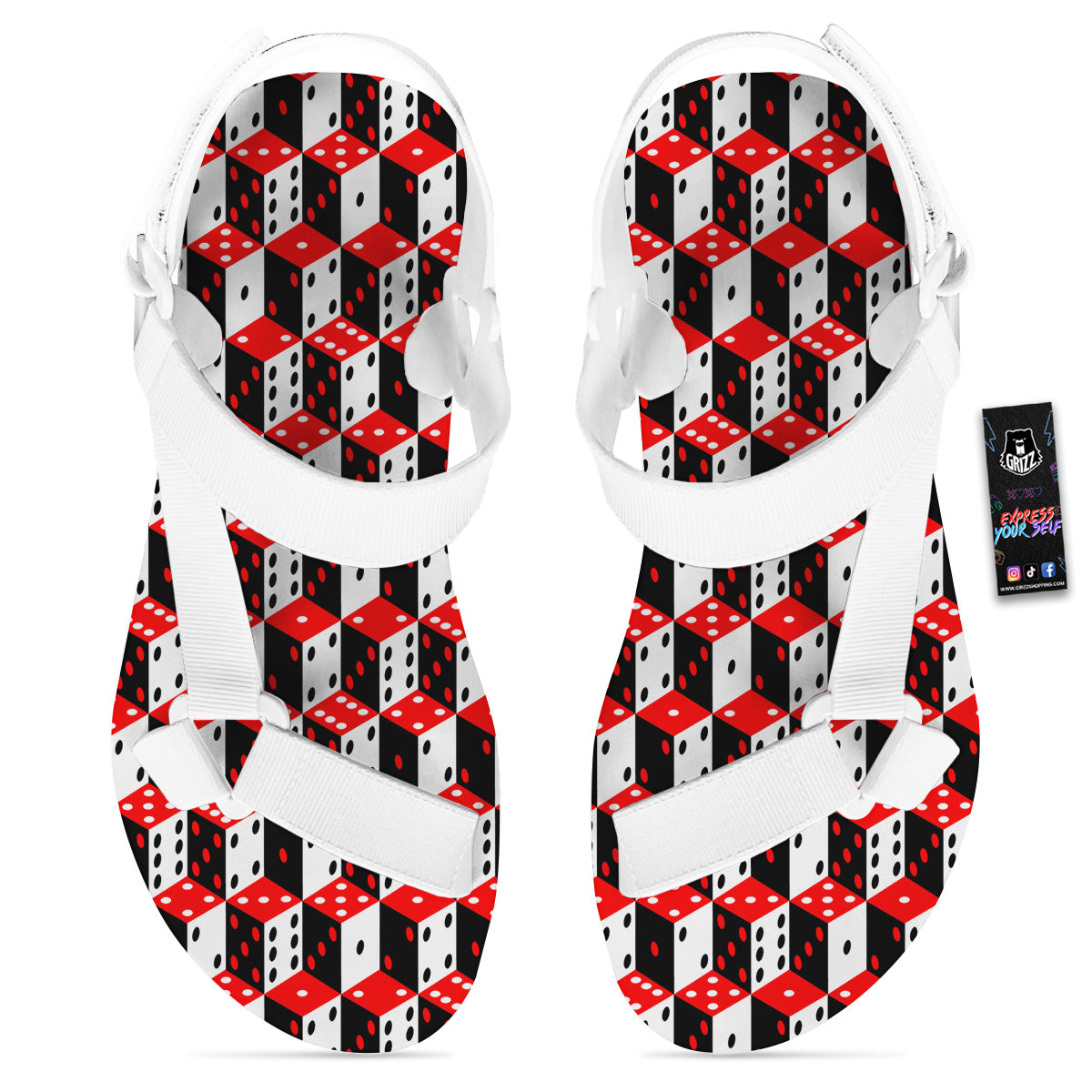 Red White And Black Dice Print Pattern White Open Toe Sandals-grizzshop