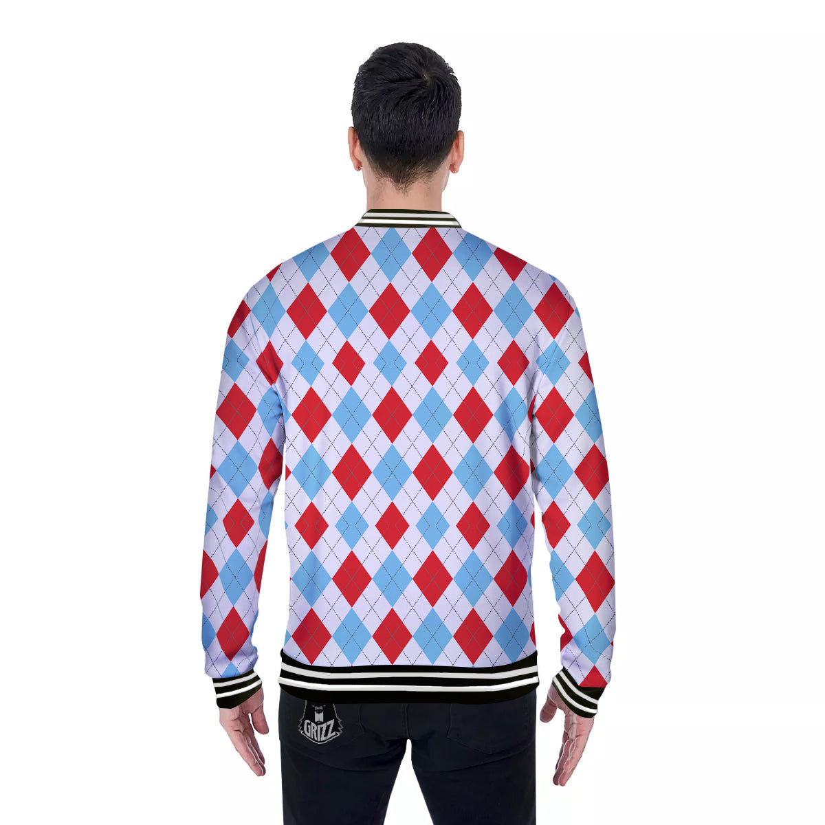 Red White And Blue Argyle Print Pattern Baseball Jacket-grizzshop