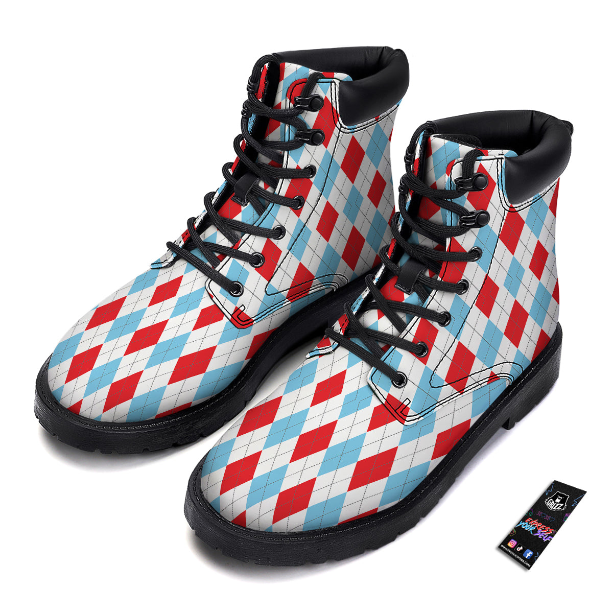 Red White And Blue Argyle Print Pattern Boots-grizzshop