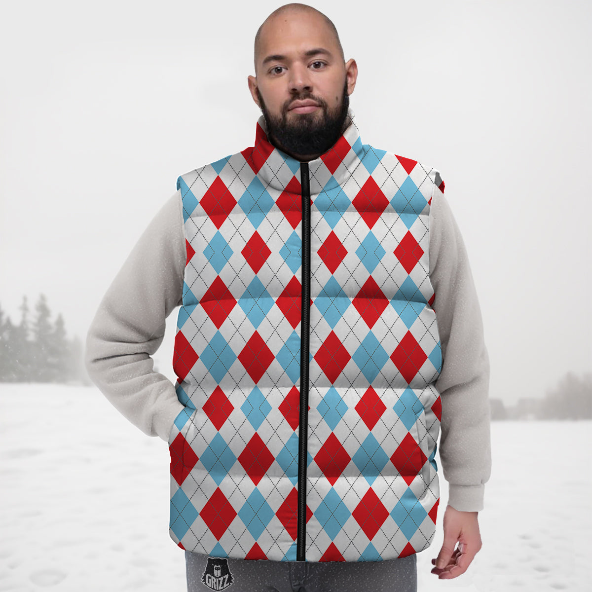 Red White And Blue Argyle Print Pattern Down Vest-grizzshop