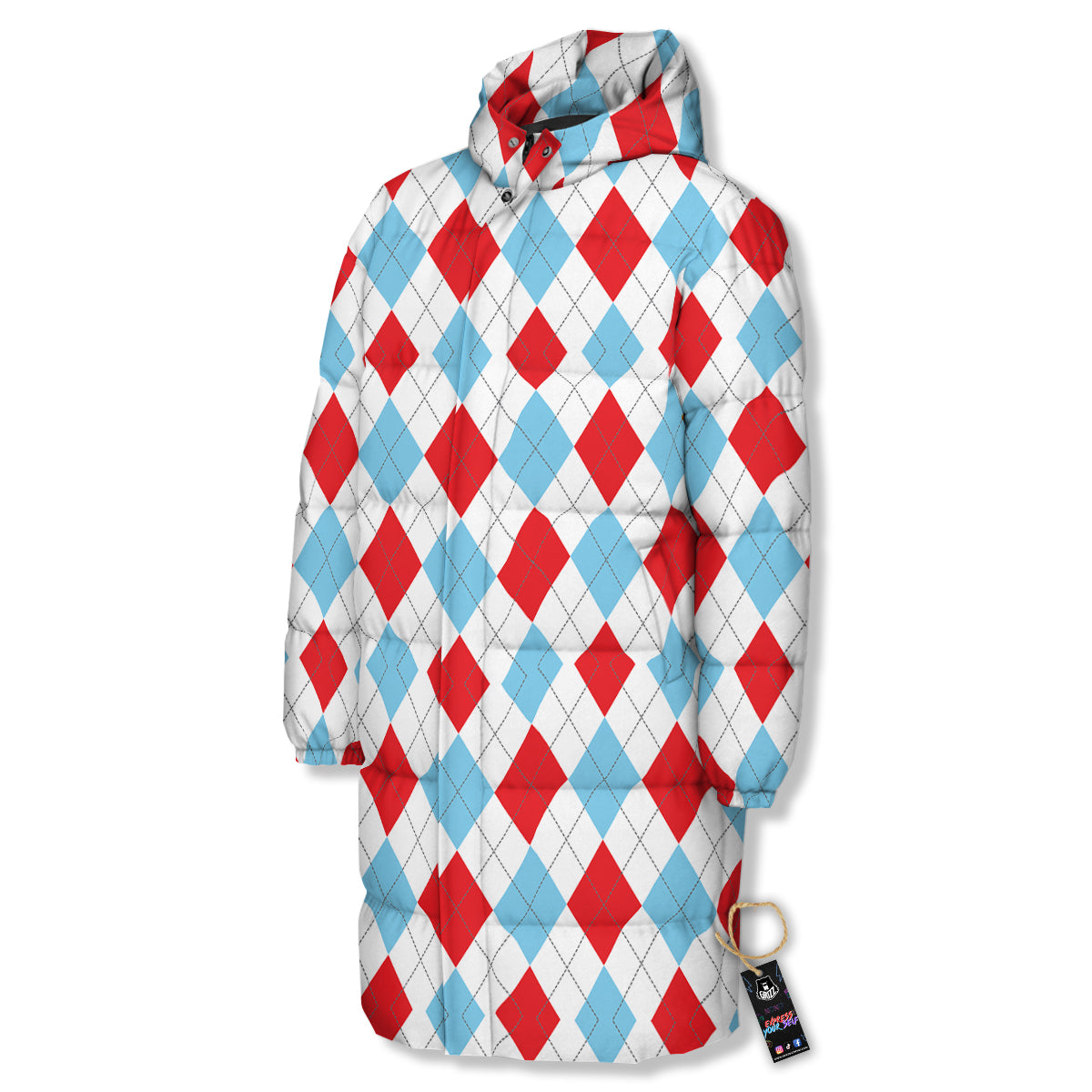 Red White And Blue Argyle Print Pattern Long Down Jacket-grizzshop