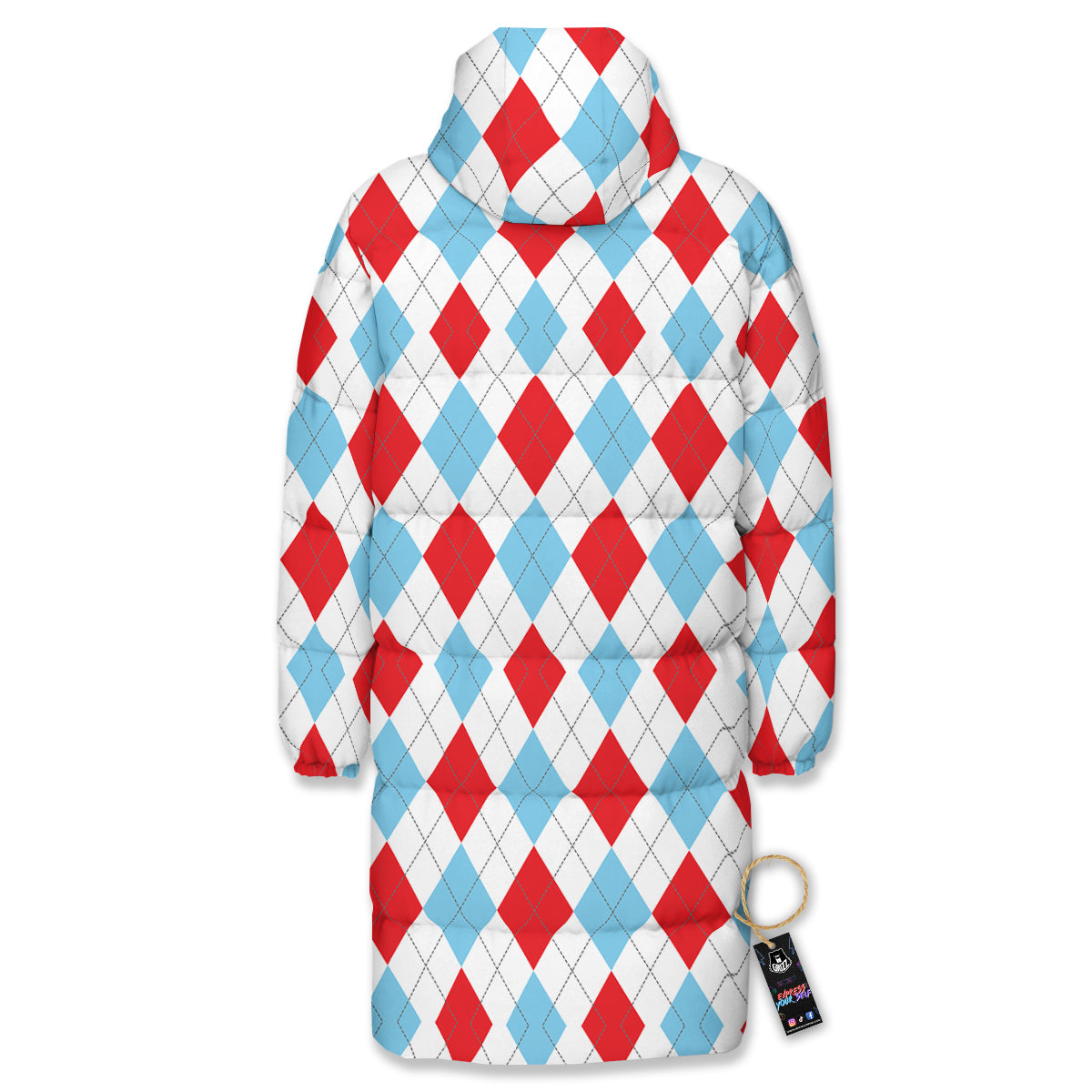 Red White And Blue Argyle Print Pattern Long Down Jacket-grizzshop