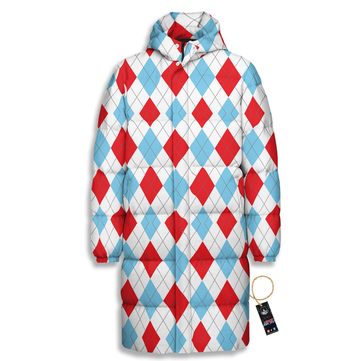 Red White And Blue Argyle Print Pattern Long Down Jacket-grizzshop