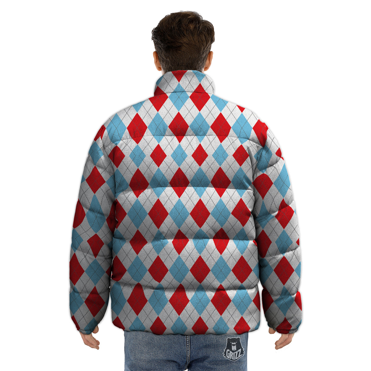 Red White And Blue Argyle Print Pattern Puffer Jacket-grizzshop