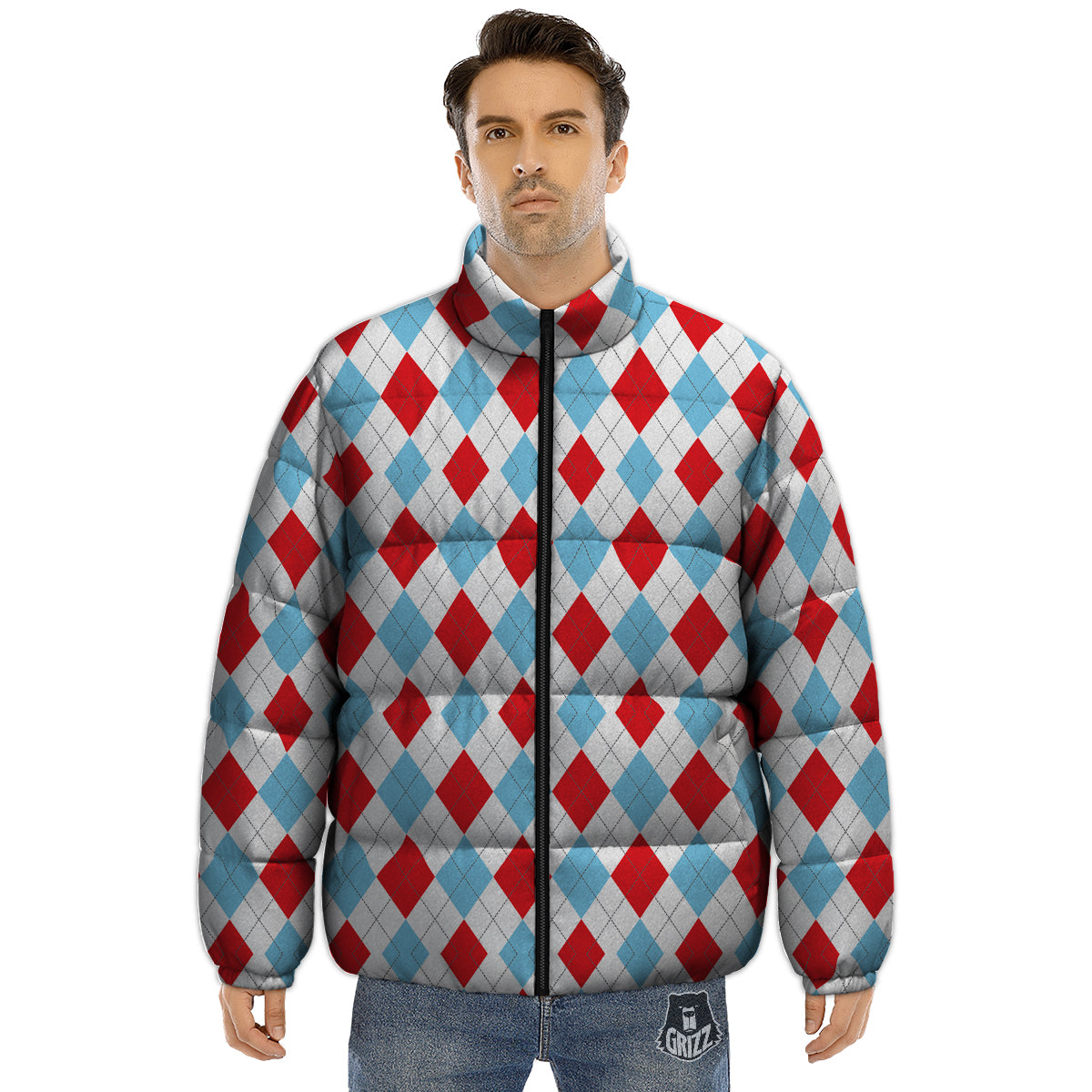 Red White And Blue Argyle Print Pattern Puffer Jacket-grizzshop