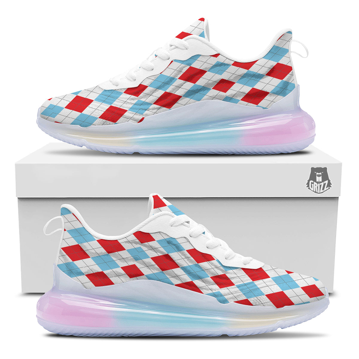 Red White And Blue Argyle Print Pattern Running Sneakers-grizzshop