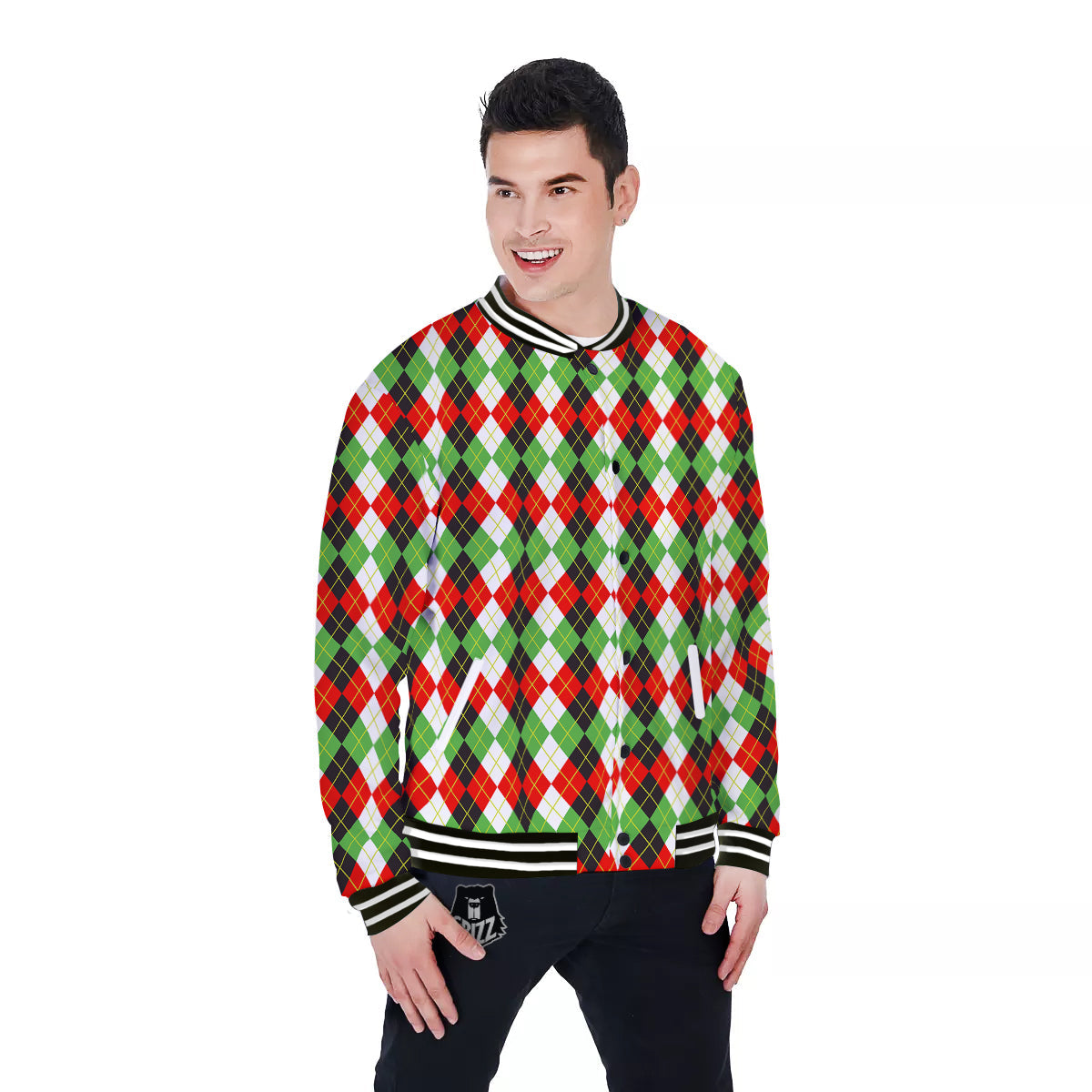 Red White And Green Argyle Print Pattern Baseball Jacket-grizzshop