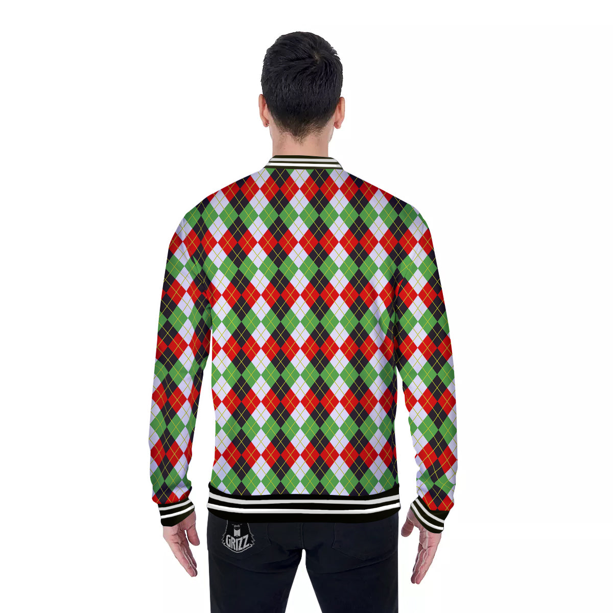 Red White And Green Argyle Print Pattern Baseball Jacket-grizzshop