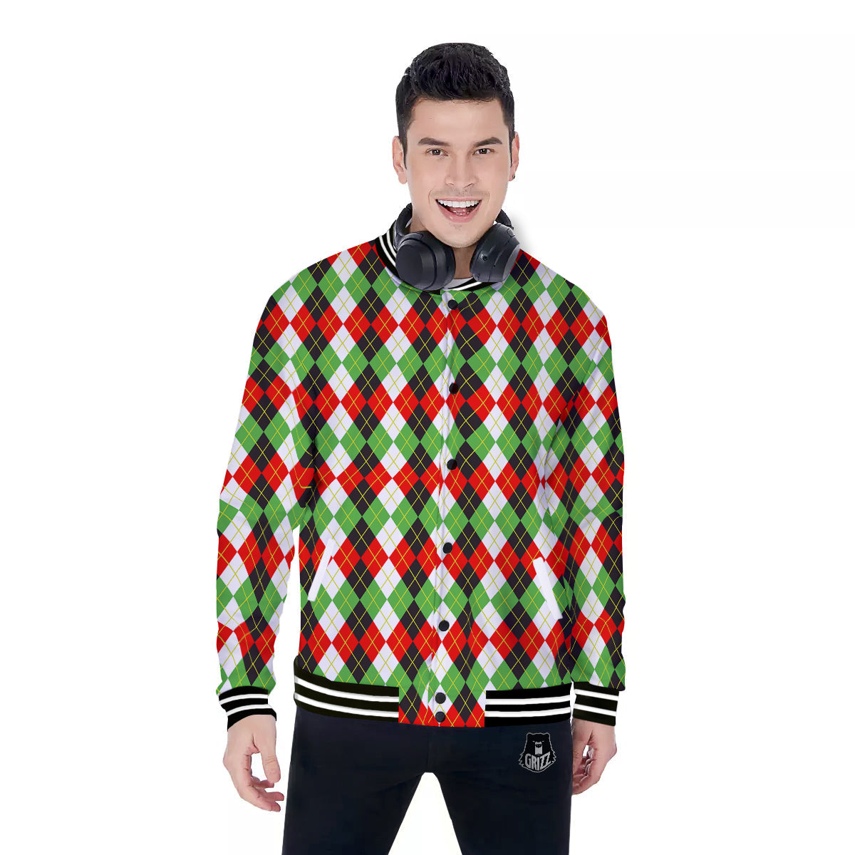 Red White And Green Argyle Print Pattern Baseball Jacket-grizzshop