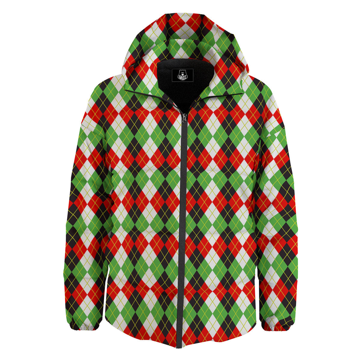Red White And Green Argyle Print Pattern Down Jacket-grizzshop