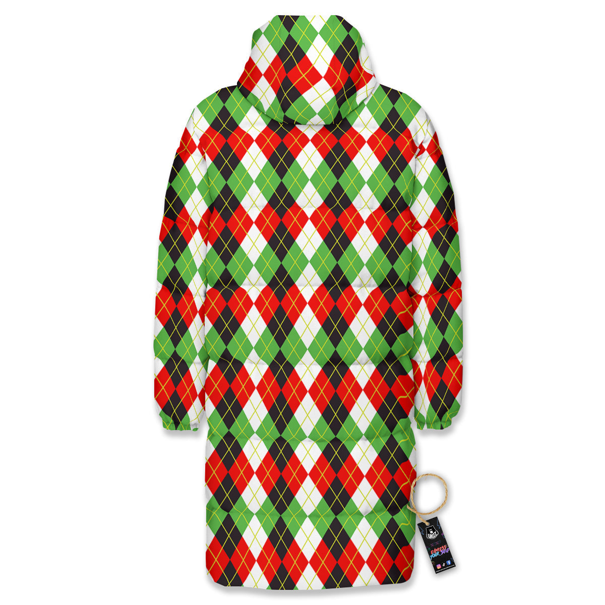 Red White And Green Argyle Print Pattern Long Down Jacket-grizzshop