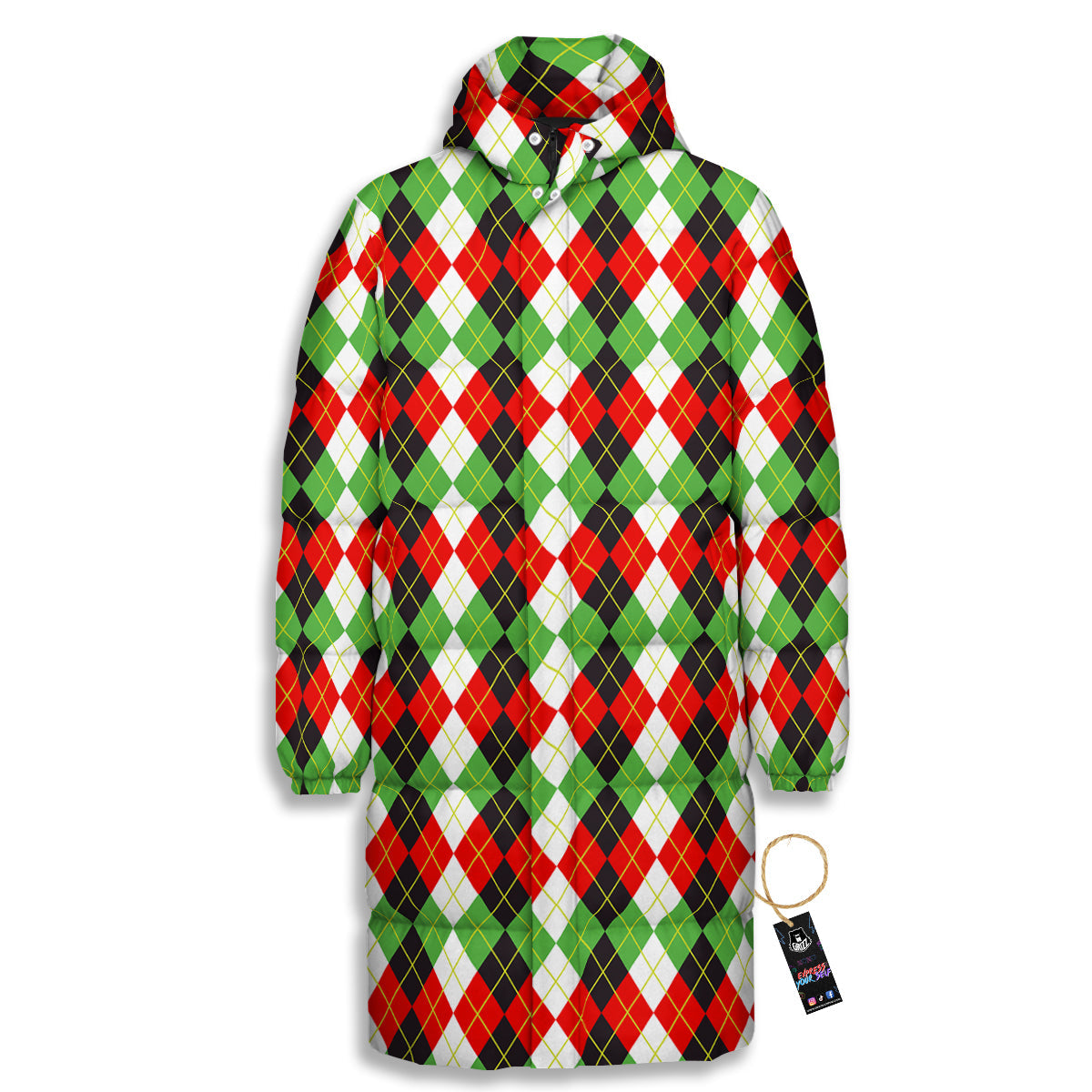 Red White And Green Argyle Print Pattern Long Down Jacket-grizzshop