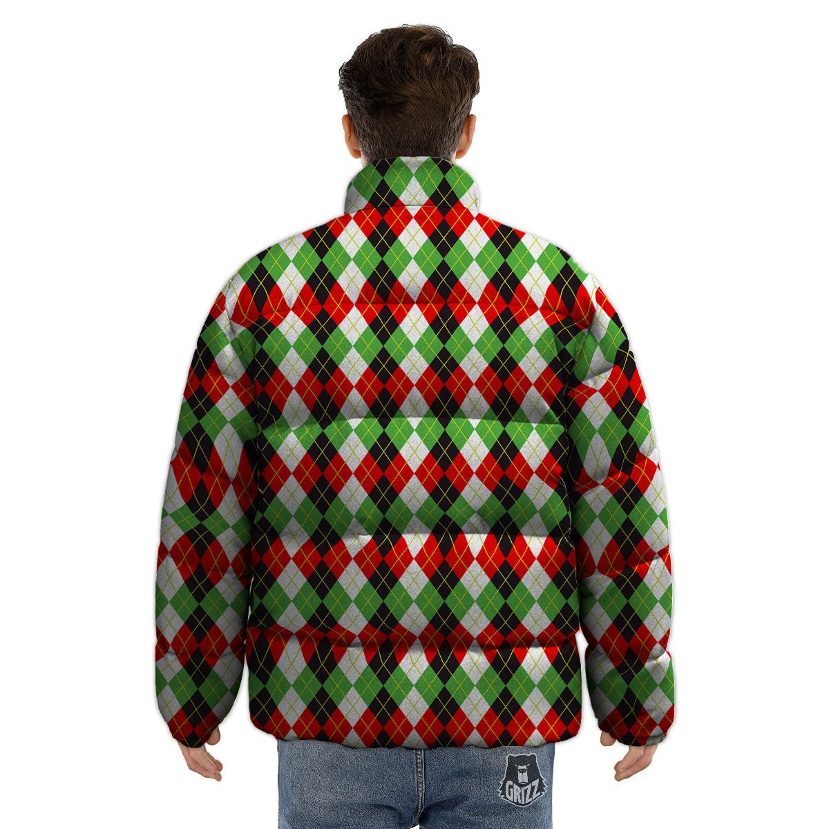 Red White And Green Argyle Print Pattern Puffer Jacket-grizzshop