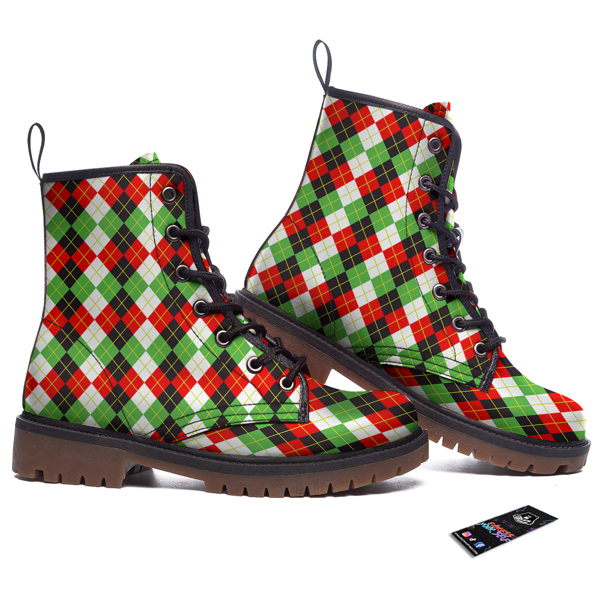 Red White And Green Argyle Print Pattern Work Boots-grizzshop
