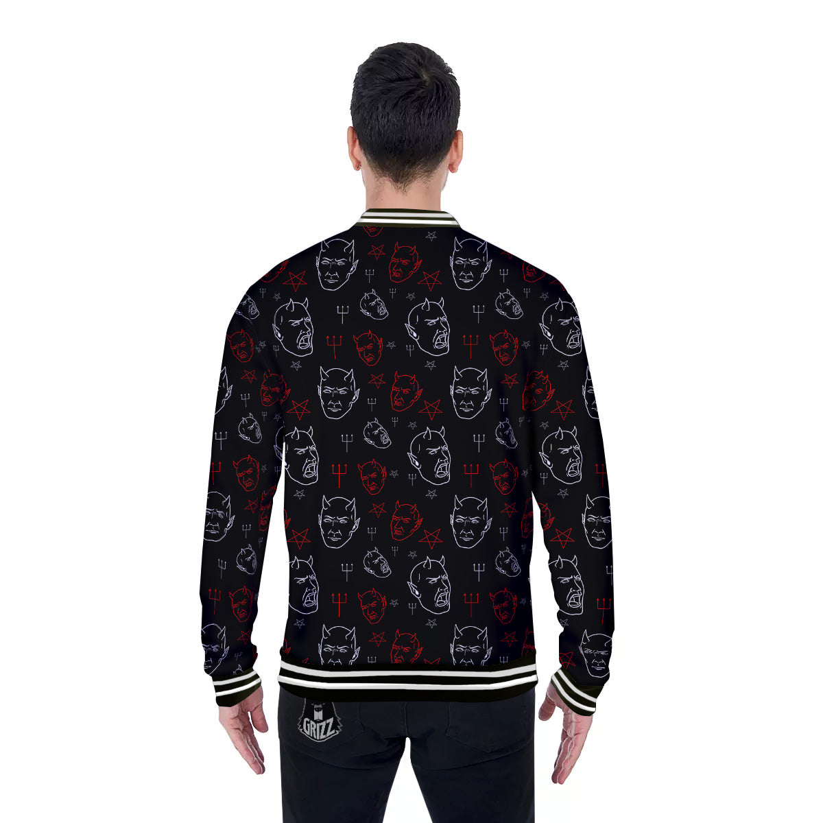 Red White Satan Head Print Pattern Baseball Jacket-grizzshop
