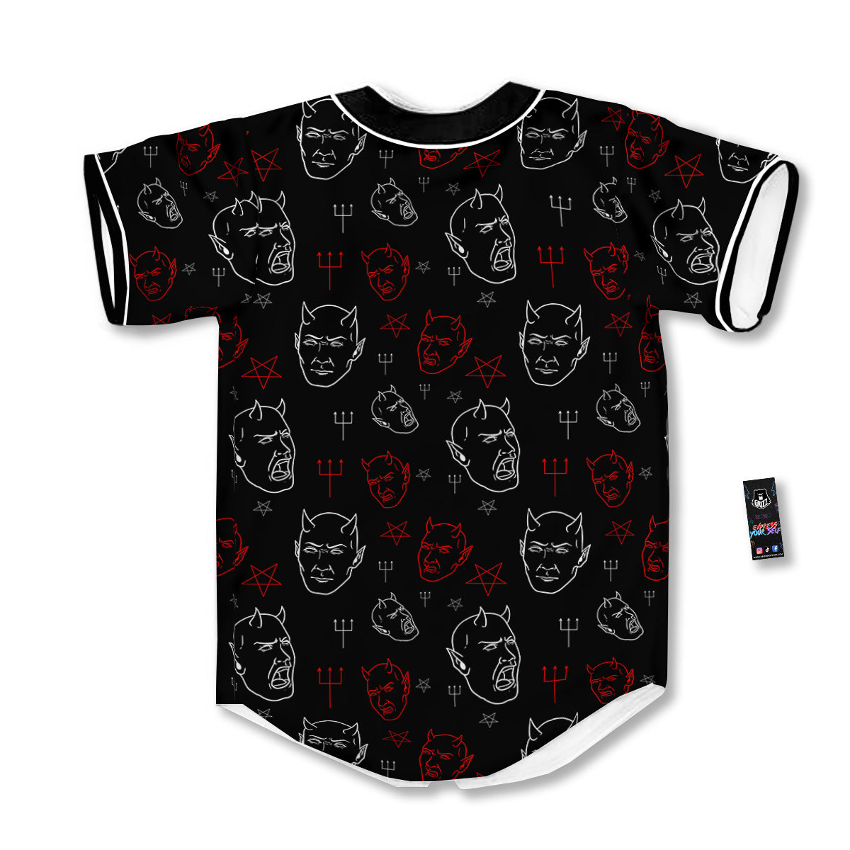 Red White Satan Head Print Pattern Baseball Jersey-grizzshop