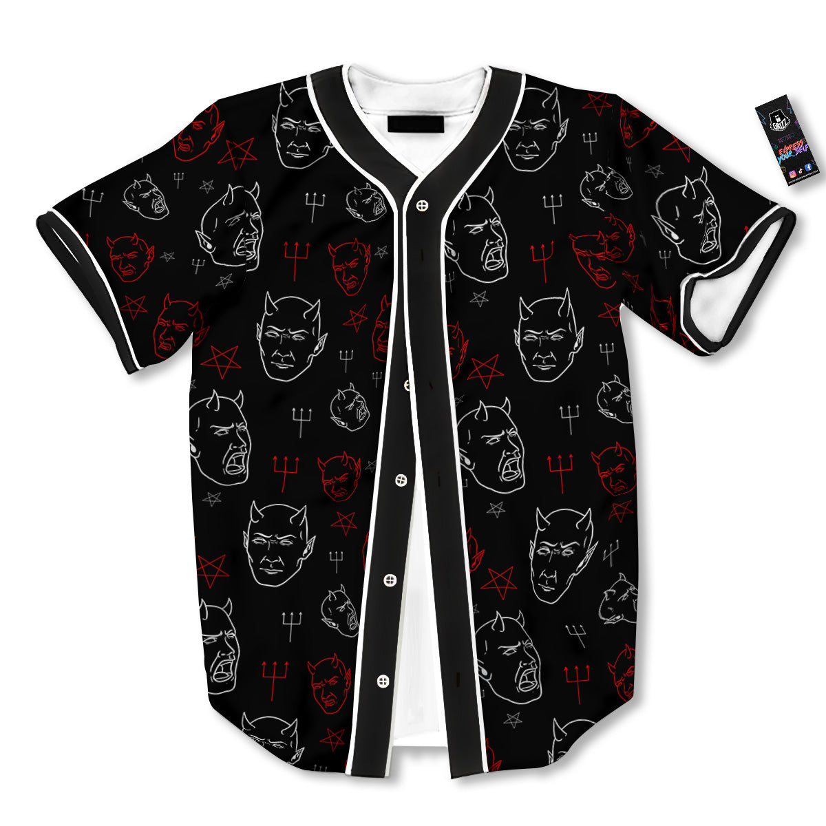 Red White Satan Head Print Pattern Baseball Jersey-grizzshop