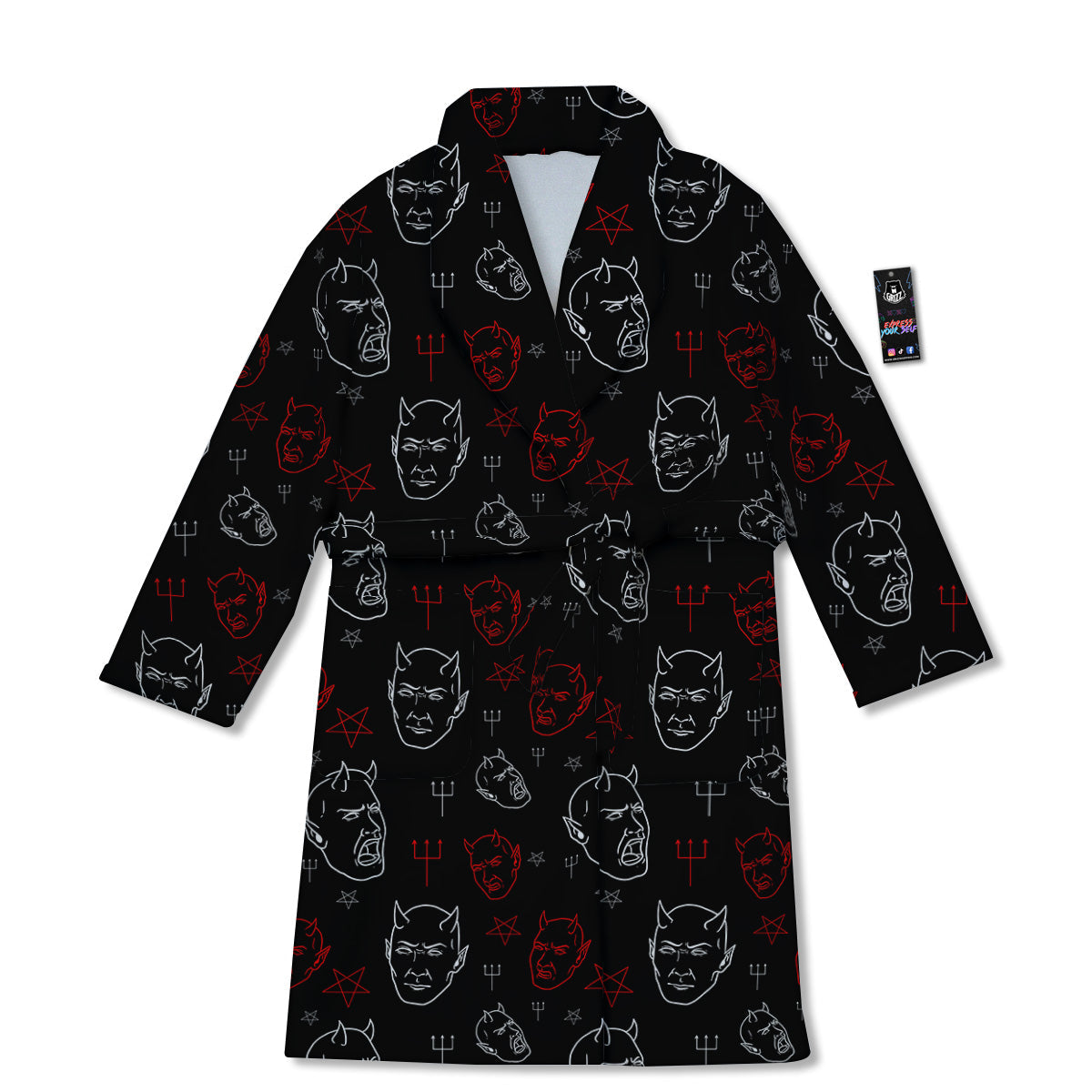 Red White Satan Head Print Pattern Bathrobe-grizzshop