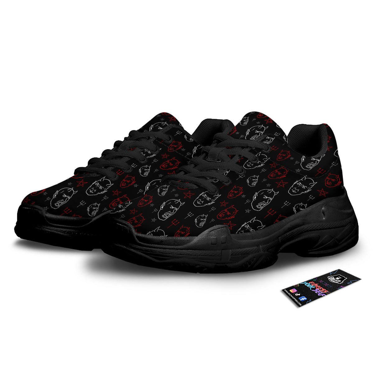 Red White Satan Head Print Pattern Black Chunky Shoes-grizzshop