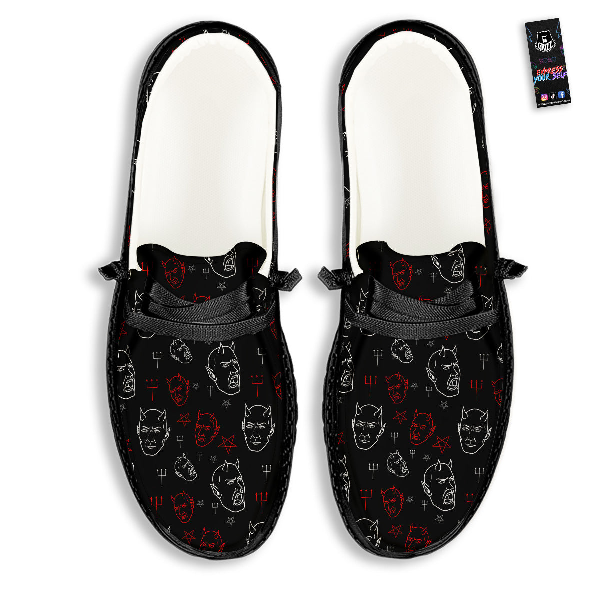 Red White Satan Head Print Pattern Black Loafers-grizzshop