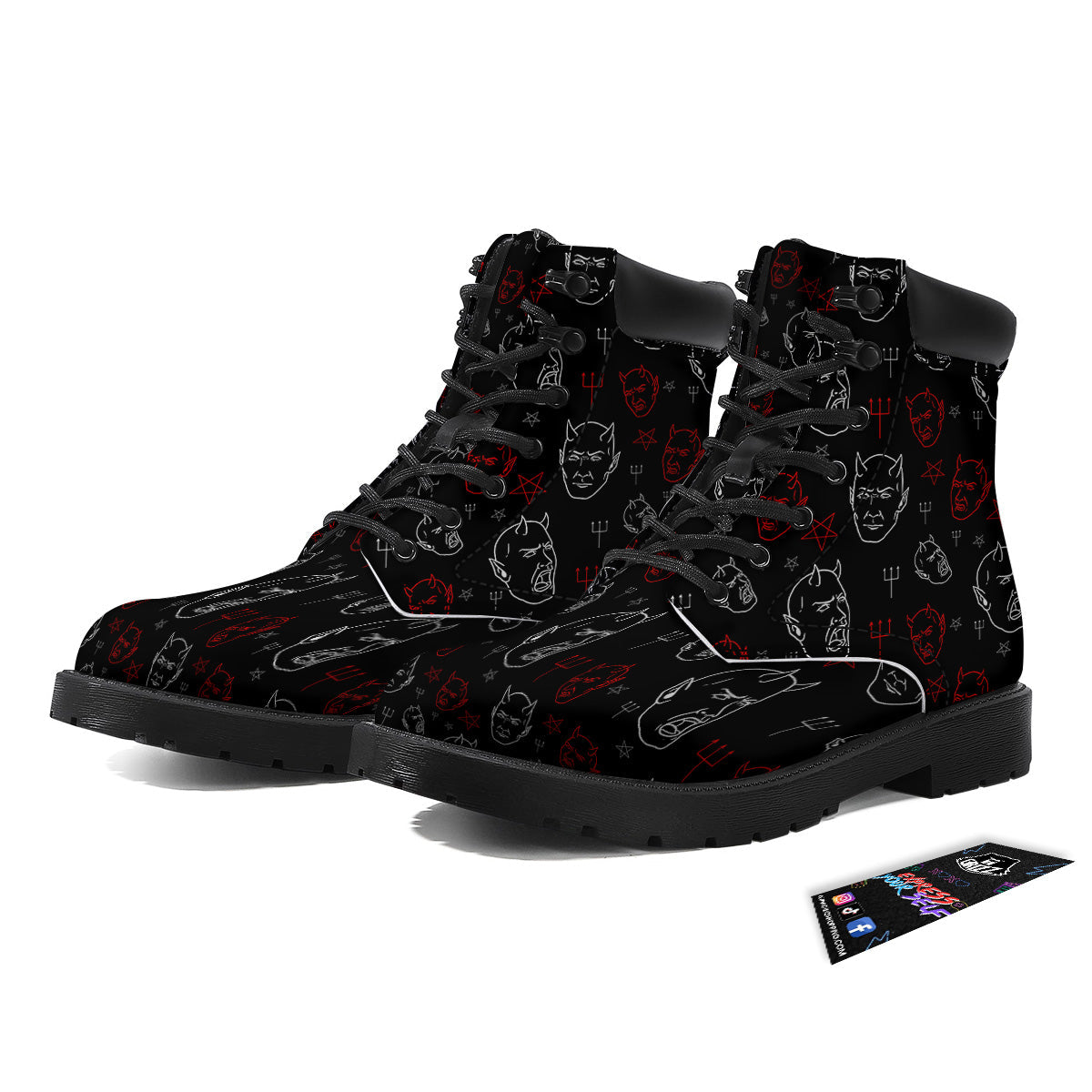 Red White Satan Head Print Pattern Boots-grizzshop