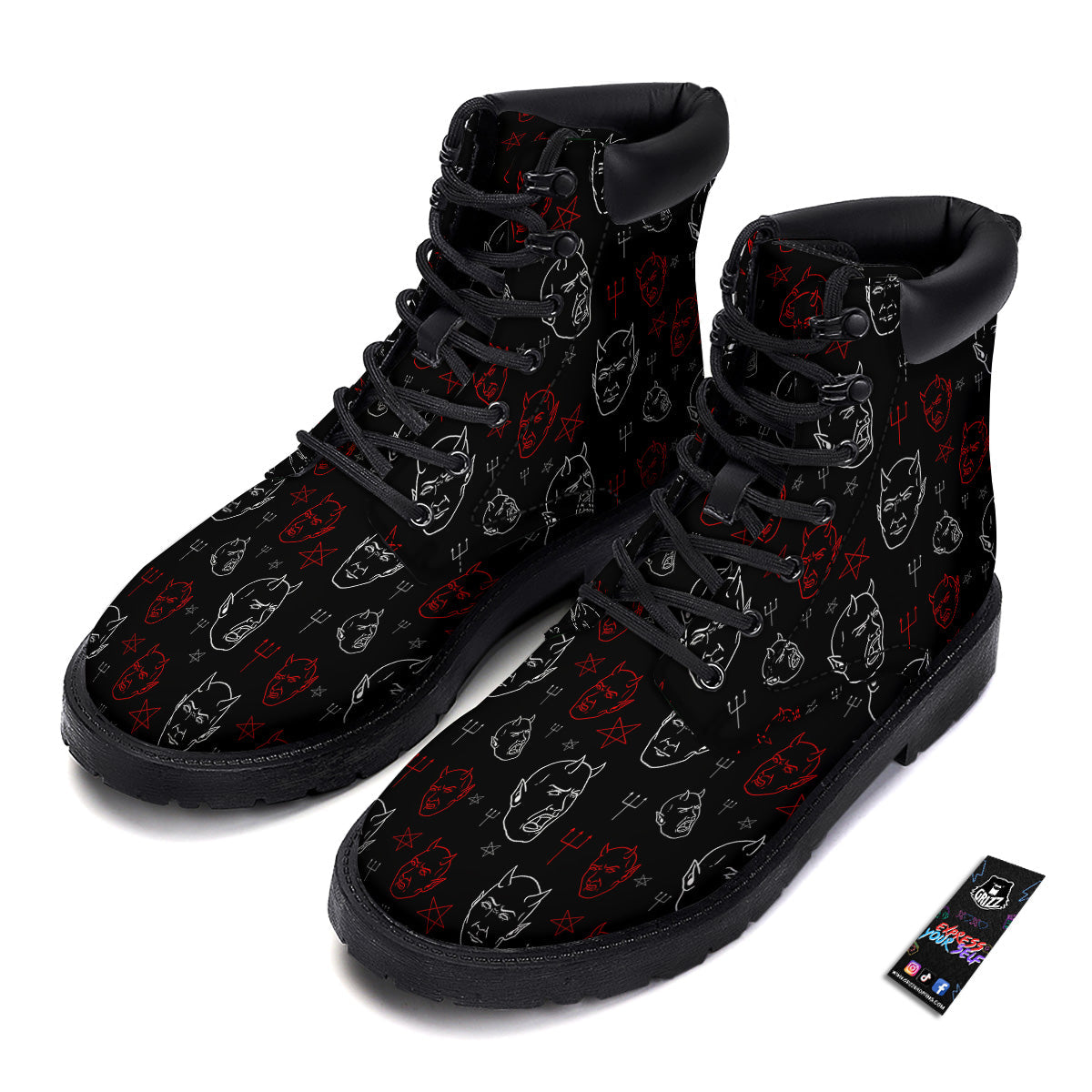 Red White Satan Head Print Pattern Boots-grizzshop