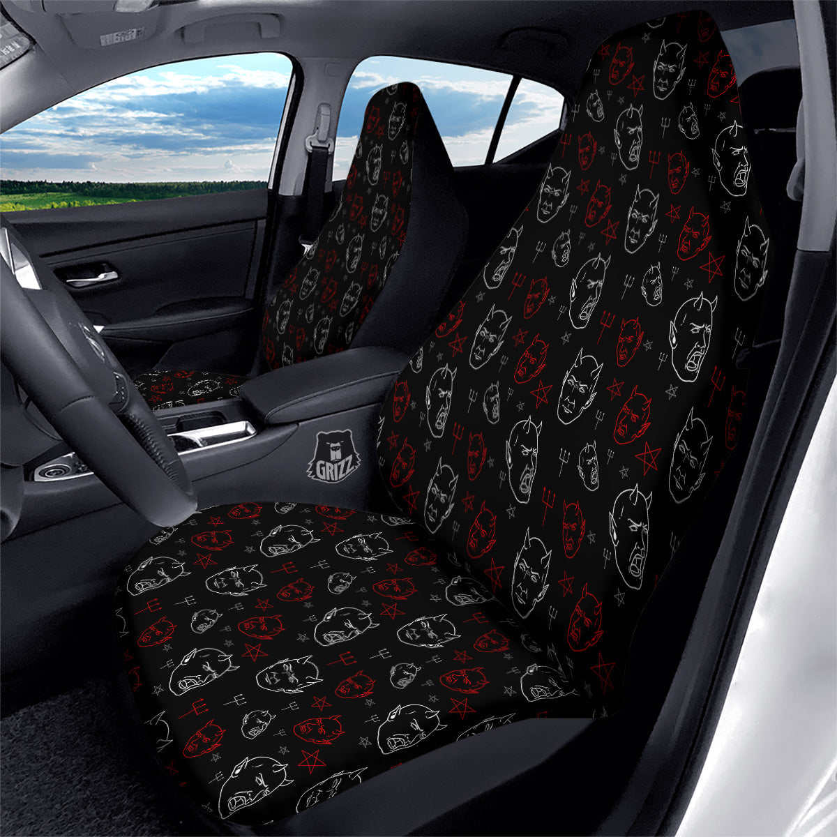 Red White Satan Head Print Pattern Car Seat Covers-grizzshop