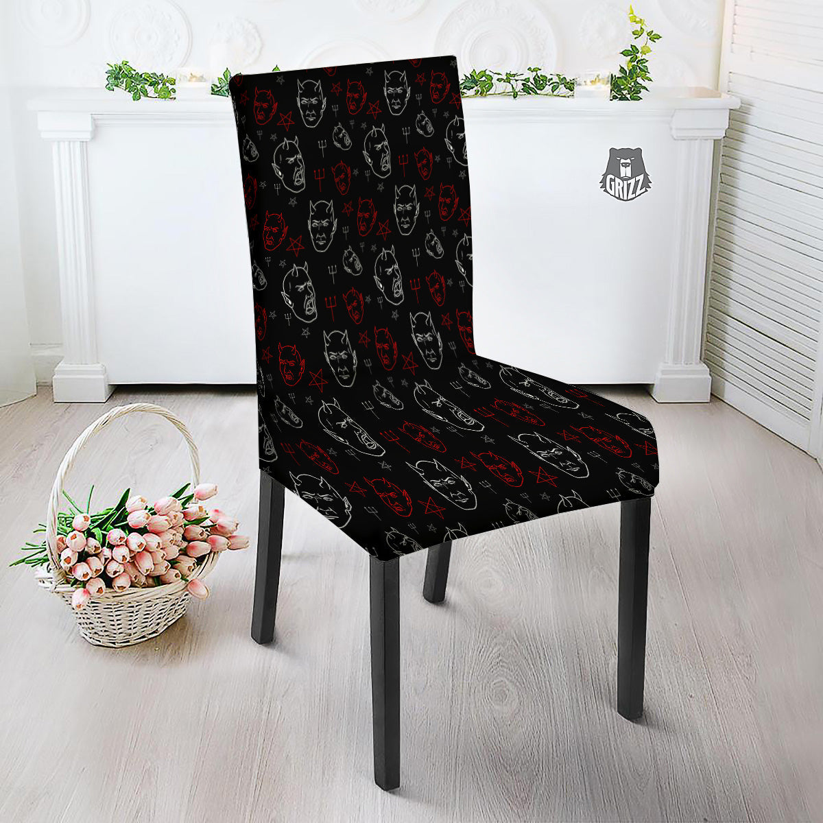 Red White Satan Head Print Pattern Dining Chair Slipcover-grizzshop