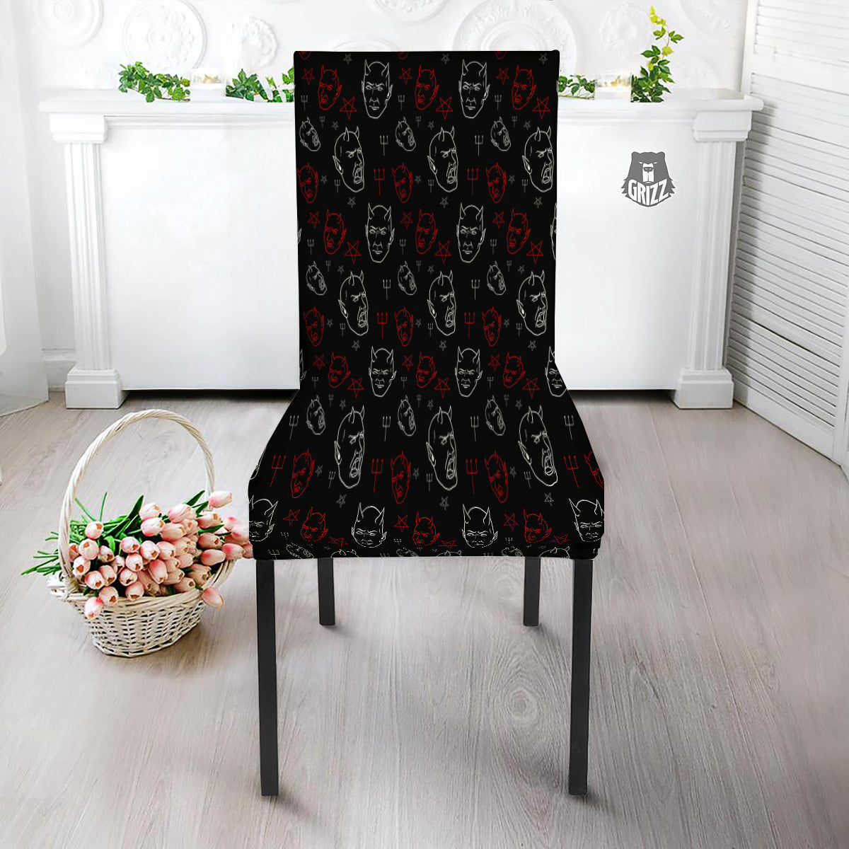 Red White Satan Head Print Pattern Dining Chair Slipcover-grizzshop