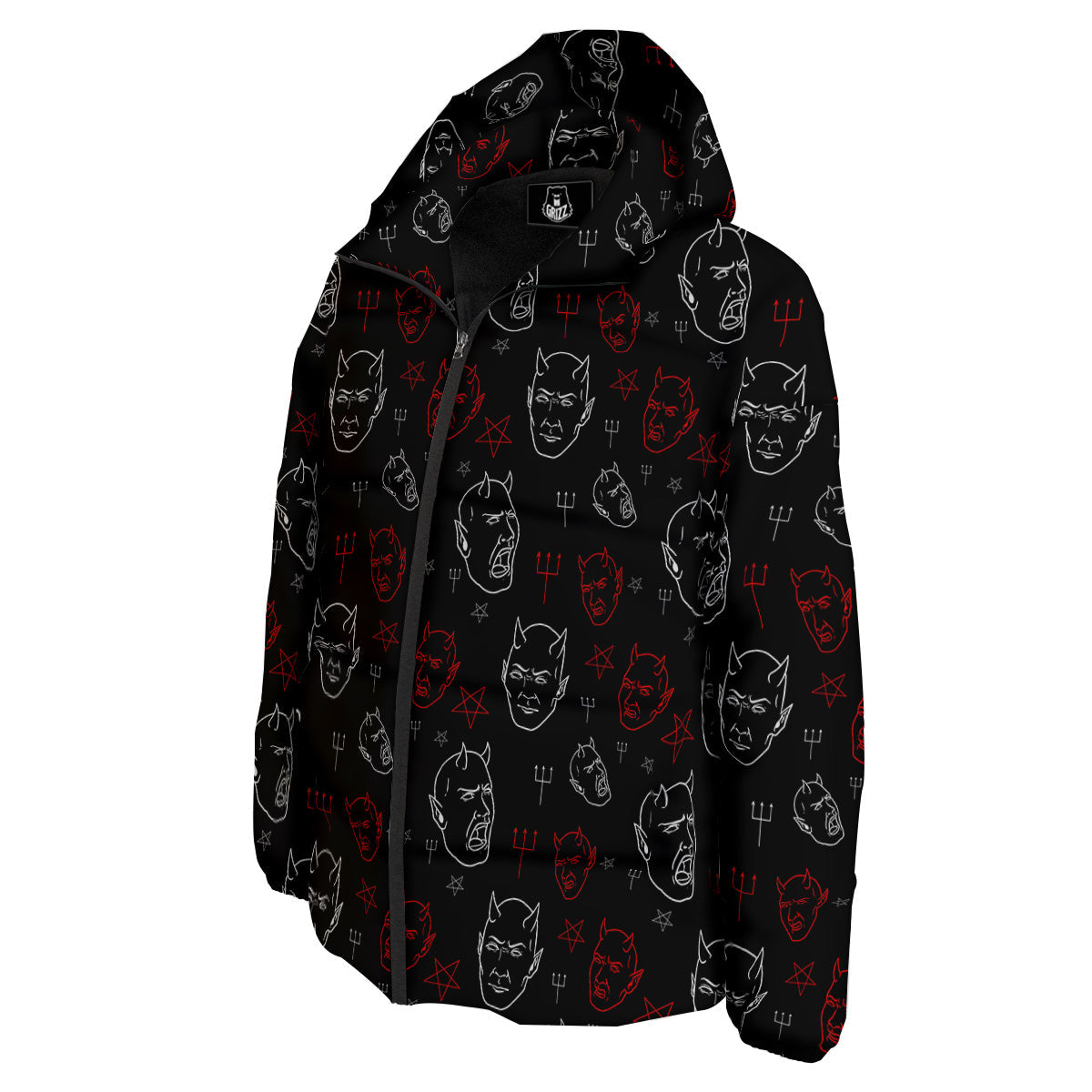Red White Satan Head Print Pattern Down Jacket-grizzshop