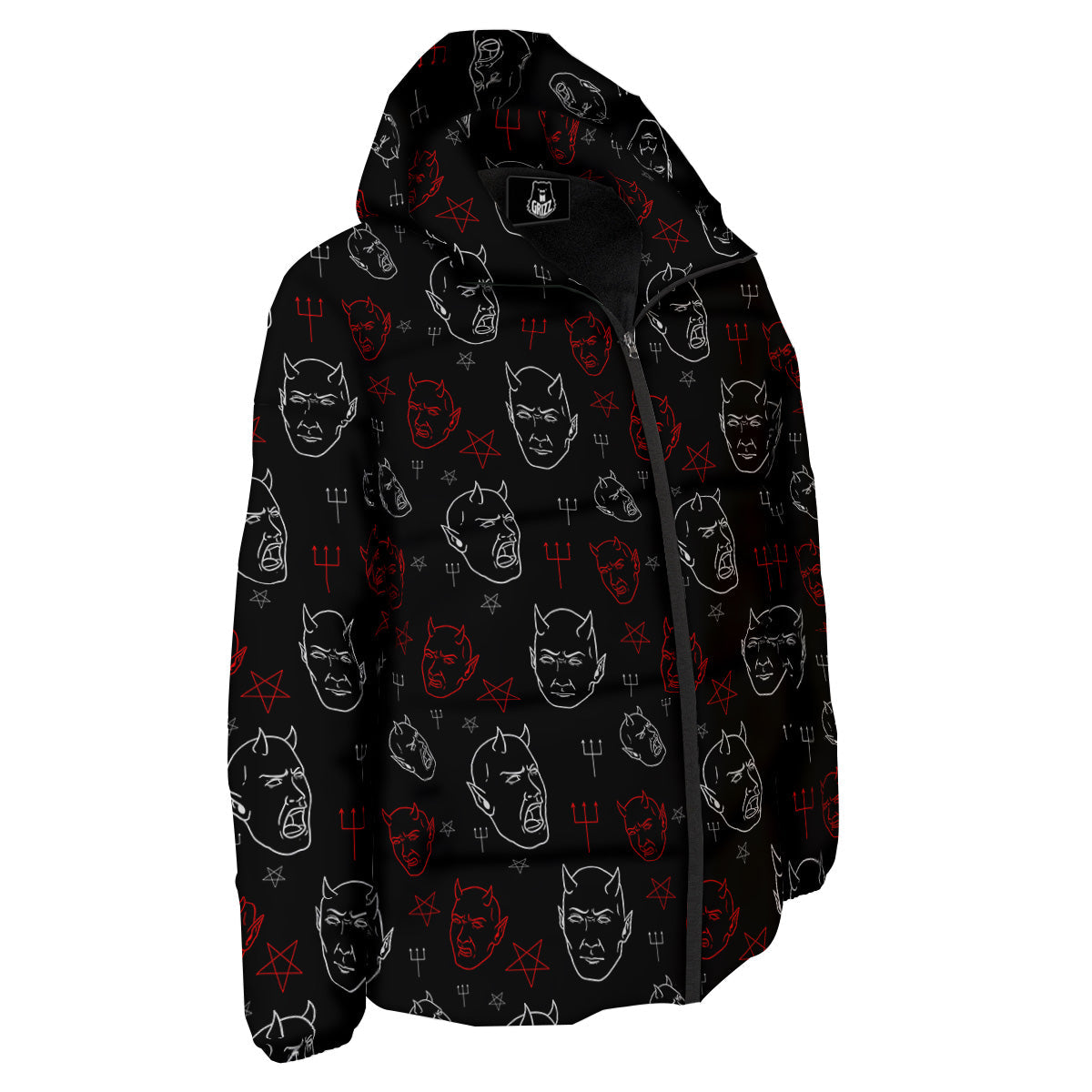 Red White Satan Head Print Pattern Down Jacket-grizzshop