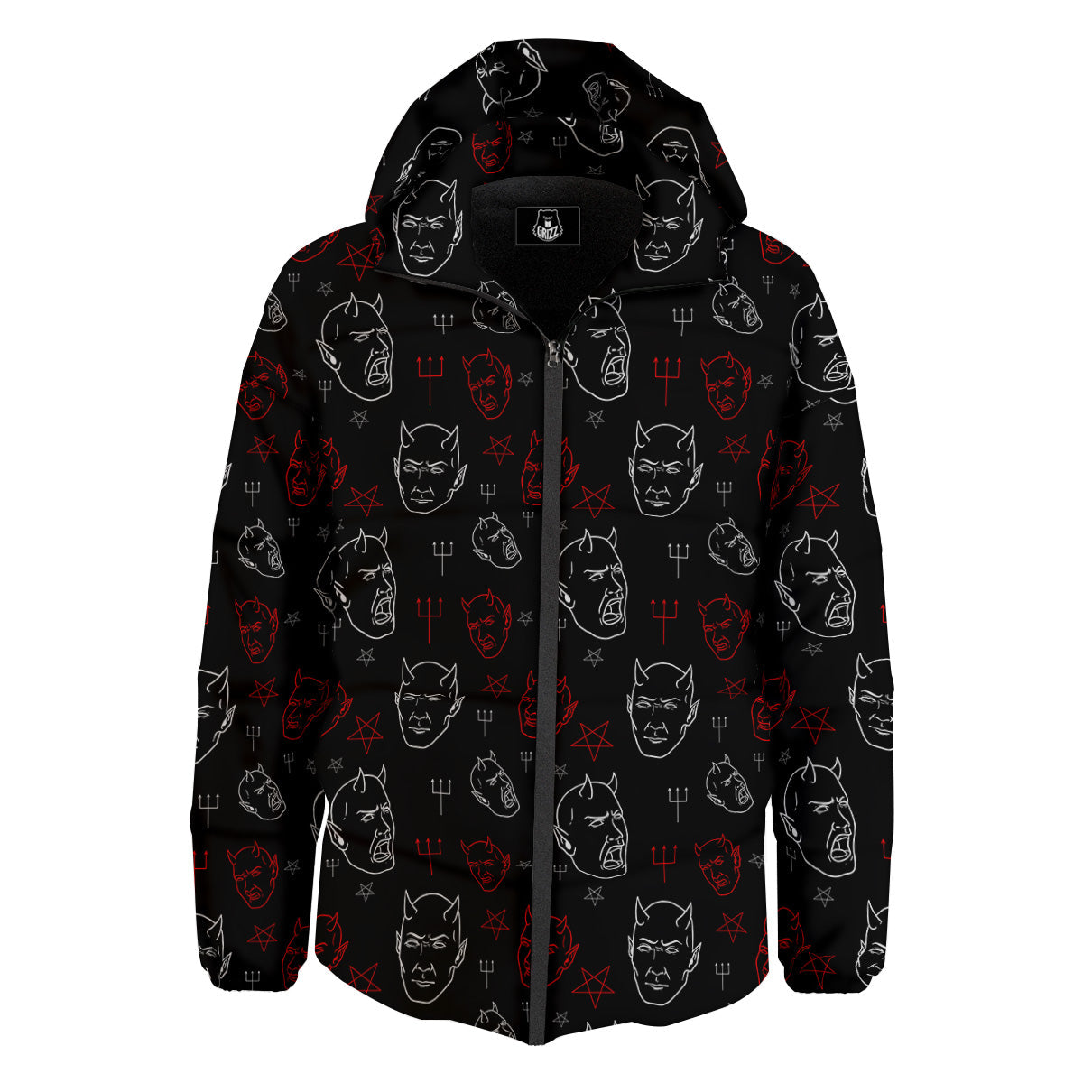 Red White Satan Head Print Pattern Down Jacket-grizzshop