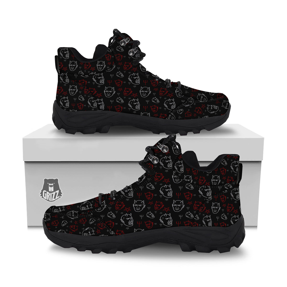 Red White Satan Head Print Pattern Hiking Shoes-grizzshop