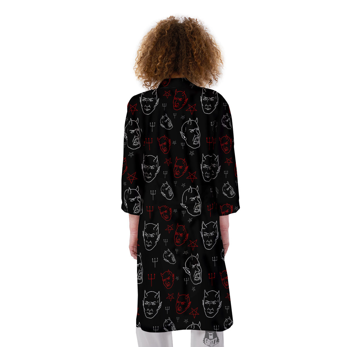 Red White Satan Head Print Pattern Kimono-grizzshop