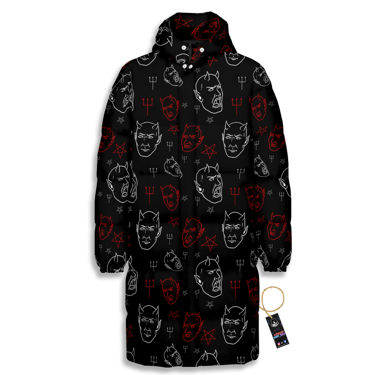 Red White Satan Head Print Pattern Long Down Jacket-grizzshop